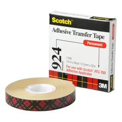 3M 924 is a reverse-wound adhesive transfer tape with a permanent acrylic bond, transparent and UV-resistant. It is 2 mil thick, 1/2 in wide, 36 yd long, and supplied on a kraft paper liner. Used for bonding films, foils, nameplates, and other materials in industrial assembly and outdoor signage applications.
