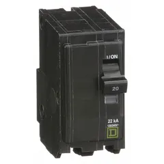Plug-in miniature circuit breaker for overcurrent protection in branch circuits. Rated 20 A, 120/240V AC, single phase, 2 poles, with a maximum interrupting rating of 22 kA at 120/240V AC. For use in QO Load Centers and NQ Panelboards.