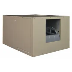 Single-inlet ducted evaporative cooler for residential use. Operates on 115V AC with a 3/4 hp motor. Includes factory-installed drive package. Measures 28 in x 42 in x 49 in with 12 in pad thickness. Suitable for cooling spaces in dry climates.