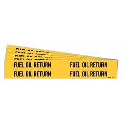 These adhesive pipe markers are used to identify pipes carrying fuel oil return in industrial facilities. Each marker has a yellow background with black legend text. They fit pipe outer diameters from 3/4 to 2-3/8 inches. Supplied in a pack of 4 markers without arrows, with 5 packs per order.