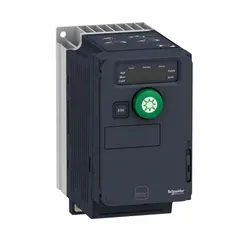 Compact variable speed drive for controlling three-phase motors. Accepts single-phase 200-240V AC input, delivers three-phase output for 3/4 hp motors. IP20 protection, includes manual. Color: Black/Blue/Gray.