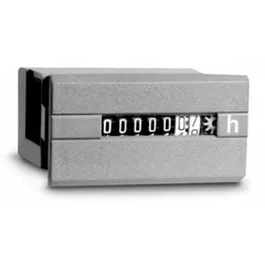 Analog hour meter with rectangular bezel for front panel mounting. Operates on 90 V AC to 115 V AC. Meets CUL standards. Used to record total operating hours of industrial equipment such as pumps, compressors, and generators for maintenance scheduling and warranty tracking.