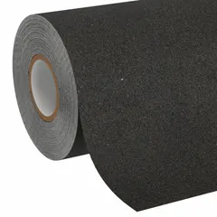 Solid black rubber antislip tape in continuous roll form, 12 in wide by 60 ft long, with 60 grit coarse abrasive surface and 36 mil thickness. Features aggressive adhesive for indoor and outdoor medium-traffic areas, chemical-resistant, conforms to irregular surfaces, and meets ANSI standards.