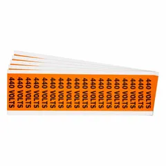 Self-stick vinyl label for marking conduits and equipment with a 440 Volts legend. C-style label measures 2 1/4 in wide by 1/2 in high. Supplied as a 5-pack. Used for electrical safety identification in industrial and commercial settings.