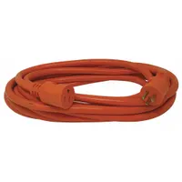 This 50-foot outdoor extension cord features a NEMA 5-15P plug and a single outlet, constructed with 14/3 STW wire. Rated for temperatures from -40° to 140°F, the orange jacket provides visibility. Suitable for powering tools, lights, or equipment in outdoor settings such as construction sites or landscaping