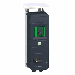 The SCHNEIDER Altivar ATV650D37N4EU is a compact, programmable variable frequency drive with a 50 hp rating and three-phase output. It features no bypass and is designed for controlling the speed and torque of three-phase induction motors in applications such as pumps, fans, and conveyors. The drive is housed in a black/green enclosure.