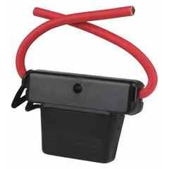 Single-pole, non-rejection block style fuse holder with wire leads for in-line installation. Rated 32 V DC and compatible with MAX series fuses. Used in DC electrical systems for overcurrent protection.