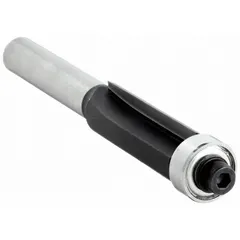 This flush-trim profile router bit is carbide tipped for cutting laminate, veneer, or solid wood flush with a substrate edge. The 1/4 in cutter diameter is suited for precision trimming in cabinetmaking, countertop fabrication, and general woodworking.