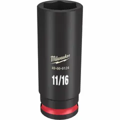 This 3/8" drive impact socket features a deep 6-point design for accessing recessed fasteners. The SAE 11/16 in socket size is suitable for use with impact tools in automotive and industrial applications. A friction retention system helps secure the socket on the drive tool.