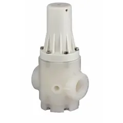 Polypropylene pressure regulator with FKM seals and 3/4 in NPT x NPT connections. Designed for precise pressure control in systems handling corrosive or ultra-pure liquids.
