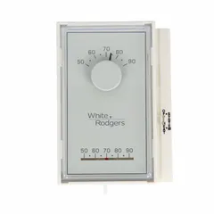 Rectangular analog thermostat for heat-only control of low-voltage heating systems. Operates on 20 to 30V AC with a slide switch for system on/off and auto fan. Temperature range 50° to 90°F with 1°F heating differential. Vibration-resistant construction suitable for environments with mechanical vibration. Single terminal W for heating.