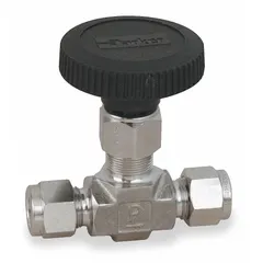 This Parker needle valve features a 316 stainless steel straight-body design with integral bonnet and V-stem for precise flow control of oil media. It has 3/8 in compression x compression connections and complies with ISA S75.02 standards. Suitable for industrial piping systems requiring reliable shut-off and regulation.