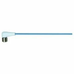 Single-ended cordset with M12 female right-angle connector on one end and bare wire on the other. Features 4 pins, 22 AWG wire, and a pastel blue TPE-S jacket. Rated IP69K for washdown environments. Cable length 3 m.