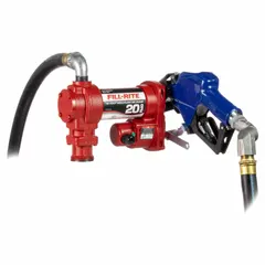 This 12 V DC bung-mount fuel transfer pump from FILL-RITE is powered by a 1/4 hp motor and delivers a maximum flow rate of 20 gpm. It includes a hose and nozzle for direct dispensing, but does not feature an integrated meter. Suitable for transferring diesel, kerosene, and other non-flammable fluids from drums or tanks in industrial, agricultural, and fleet maintenance settings.