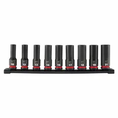 This 9-piece metric impact socket set includes sockets from 10 mm to 21 mm with a 1/2 in drive size. Designed for use with impact wrenches, it features a friction retention design for secure fastener hold. Suitable for heavy-duty fastening applications in automotive, construction, and industrial maintenance.