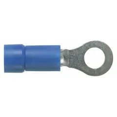 Vinyl-insulated ring terminal for terminating 16 AWG to 14 AWG wires onto a #6 stud. Rated for 600 V. Suitable for electrical connections in control panels, distribution, and grounding applications.
