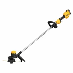 Straight-shaft string trimmer powered by a 4.0 Ah battery. Features a 38-inch shaft length and 13-inch cutting width. Suitable for trimming grass and weeds along fences, walls, and garden beds.