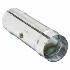 Round fire damper with 4 in duct diameter, 14 in length, and galvanized steel frame. Butterfly blade type with spring closure mechanism. Designed for vertical mounting in HVAC ductwork to automatically close upon heat detection.