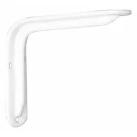 Steel shelf bracket with white finish, rated for 125 lb capacity. Measures 8 in length, 5 1/2 in height, and 1 1/2 in width. Suitable for supporting shelving in storage areas, workshops, and industrial settings