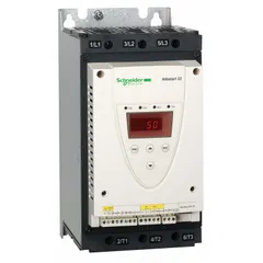Soft starter for three-phase induction motors, reducing mechanical stress and electrical inrush current during acceleration and deceleration. Features 88 A output current, built-in bypass, IP20/NEMA 1 enclosure, 60/50 Hz operation, and 110V AC control voltage. Suitable for applications such as pumps, fans, compressors, and conveyors.