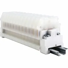 Track-mounting pass-through block with box lug wire termination. Rated 60 A with 24 wire terminals, accepting minimum 22 AWG wire. Used for connecting and distributing wiring in control panels and power distribution systems.