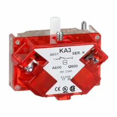This contact block from the 9001K/9001SK series provides one normally closed (1NC) momentary contact. It features screw clamp terminals for secure wiring and is designed for use in industrial control panels, pushbutton stations, and selector switches.