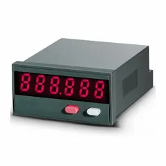 This TRUMETER digital counter is a voltage-powered dual-function device with four counting functions in one unit. It features an LED display and terminal block connection, designed for front panel mounting in a 1 in x 2 in cutout. UL listed, it is suitable for counting events, cycles, or production totals in industrial automation and panel applications.