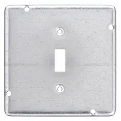 Galvanized steel open cover for square electrical boxes. Overall depth of 9/16 inch. Used to enclose wiring devices in junction boxes, providing a finished surface and access to devices.