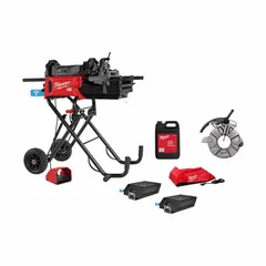 Cordless portable pipe threading machine for 1/8 in to 2 in pipe. Features a hammer type chuck and includes a die head. Operates as a 2-stage system. Used in plumbing, HVAC, and industrial piping applications where on-site threading without a power cord is required.