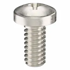 Pan head machine screws with #2-56 thread, 3/16 in length, 18-8 stainless steel, plain finish, Phillips drive, #1 drive size. Suitable for fastening components in electronics, instrumentation, and light machinery where a low-profile, non-countersunk head is required. Pack of 100.