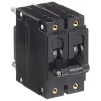 This toggle-style miniature circuit breaker is designed for front panel mounting with a threaded insert and #10-32 stud terminals. Rated for 250V AC and 80V DC, it provides overcurrent protection in control panels, power supplies, and machinery. The resettable mechanism allows for manual on/off control and automatic trip under fault conditions