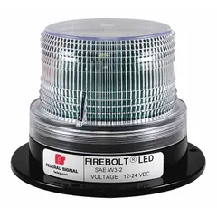 White LED round flashing beacon with magnetic mount. Operates on 12/72V DC and offers 15 selectable flash patterns. Overall height 3 5/8 in. SAE Class 2 rated. Plug-in electrical connection. Suitable for vehicle warning applications.