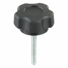 This 5-arm knob features a plastic body with a steel thread insert for a comfortable grip and durable threading. The threaded stud design allows for secure mounting on machinery, jigs, and fixtures. Commonly used for manual clamping, positioning, and adjustment in industrial applications.