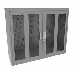 This wall-mount pegboard cabinet is constructed from steel with a gray finish. It includes a pull handle and keyed lock for secure storage. Typical applications include organizing tools and small parts in workshops, maintenance facilities, and warehouses.