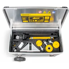 This hydraulic maintenance set includes a hand pump and cylinder in a wheeled toolbox for portable lifting, pressing, and pulling. The set has a 10 ton capacity with attachments and a stroke range of 1 to 5 inches. Suitable for on-site repairs and industrial maintenance tasks.