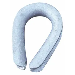 This steel thimble with a galvanized finish is designed for use with 3/8-inch diameter wire rope. It protects the rope eye from wear and abrasion in rigging and lifting applications, extending rope life and maintaining load integrity.