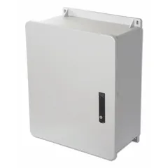 This fiberglass enclosure measures 24 x 20 x 10 inches and is rated NEMA 1, 12, 3R, 4X, and 6P. It features a hinged solid cover and does not include knockouts. Suitable for protecting electrical controls and instruments in outdoor, washdown, or submersible environments requiring corrosion resistance and watertight sealing.