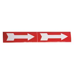 Vinyl pipe marker with directional flow arrow, red background and white legend text. Measures 4 inches long by 12 inches wide, supplied on a 12-inch wide roll. Non-reflective. Used for identifying pipe contents and indicating flow direction in industrial piping systems.