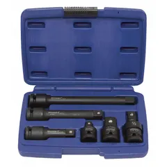 This impact socket extension and adapter set features a 1/2 in input drive size with a black oxide finish. The locking mechanism helps retain sockets during use. Suitable for extending reach and adapting drive sizes when using impact tools on fasteners in automotive, heavy equipment, and industrial applications.