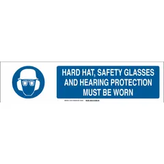 This aluminum sign slider insert displays the legend 'Hard Hat, Safety Glasses And Hearing Protection Must Be Worn' in blue on a white background. Measuring 6 in x 23-7/8 in, it is non-retroreflective and designed for use in hard hat slider systems to communicate mandatory PPE requirements.