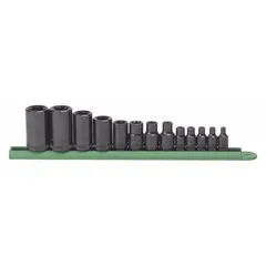 This SAE socket set includes 3/8 in drive, 6-point sockets ranging from E4 to E24. The friction ball retention mechanism secures sockets on the drive tool. Suitable for tightening and loosening hex fasteners in automotive, industrial, and mechanical applications.