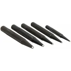 This 5-piece center punch set includes punches with tip sizes from 1/16 to 5/32 in and overall lengths of 3 to 4 in. The knurled grip provides secure handling, and the set comes in a pouch for organized storage. Used for marking precise dimples on metal or plastic surfaces before drilling to prevent drill bit wandering.