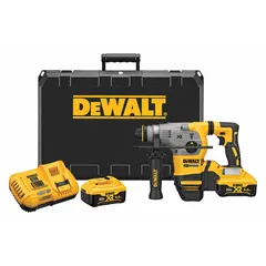 This cordless rotary hammer operates on a 20V DC battery and delivers 2.6 ft-lb of impact energy. It features an SDS-Plus chuck accepting bits up to 1/2 in and an impact rate of 0-4,480 bpm. The L-shape design provides control for drilling into concrete, masonry, and stone, as well as light chipping and demolition tasks. Includes a 6.0 Ah battery.
