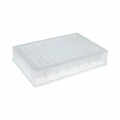 Colorless polystyrene 96-well plate with square wells, each 8.2 mm diameter and 1 mL capacity. RNase/DNase free and sterile, suitable for cell culture, ELISA, sample storage, and high-throughput screening in molecular biology and microbiology laboratories.