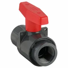 This PVC ball valve features a straight two-way design with female NPT threaded tee connections. It is rated for a maximum cold working pressure of 235 psi. Suitable for use in water, chemical, and pneumatic systems requiring corrosion-resistant shut-off and flow control.