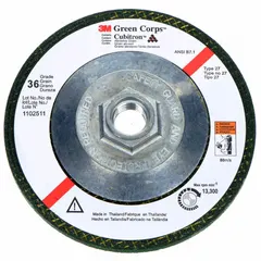 This 3M Green Corps depressed center grinding wheel is designed for heavy-duty grinding and blending on carbon and stainless steel. The ceramic grain and 36 grit provide a cool-cutting action, reducing heat buildup and extending wheel life. Common applications include weld removal, beveling, and surface preparation in metal fabrication and maintenance.
