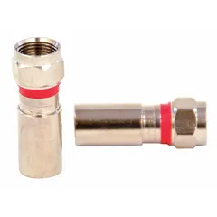 Male F-Type coaxial connector for terminating RG-6 cable in RF signal applications. Features nickel-plated silver finish and gold connector contacts. Compression termination method provides secure connection. Pack of 10.