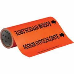 Orange adhesive pipe markers with black legend text reading 'Sodium Hypochlorite', supplied on a roll. Each roll contains 30 markers designed for pipe outer diameters from 2-1/2 to 6 inches. Markers include directional arrows for flow indication, suitable for identifying chemical piping in industrial facilities.