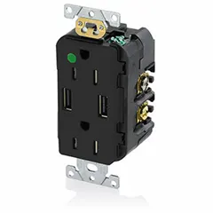 Duplex 5-15R receptacle rated 125V AC, 15 A with two USB Type A ports. Black finish. Hospital-grade construction for use in patient rooms and other healthcare environments requiring tamper-resistant outlets with integrated charging.