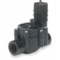 Inline irrigation valve with 1" FNPT connection for controlling water flow in sprinkler systems. Constructed with nitrile rubber. Measures 5 inches in height and 4.75 inches in width. Suitable for underground or above-ground irrigation applications.